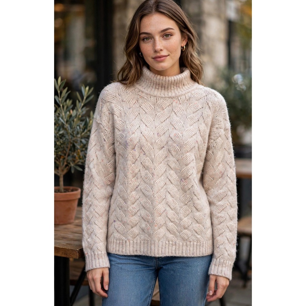 Joie Pink Confetti Cable Knit Mock Neck Sweater Womens Size Medium Chunky Soft
